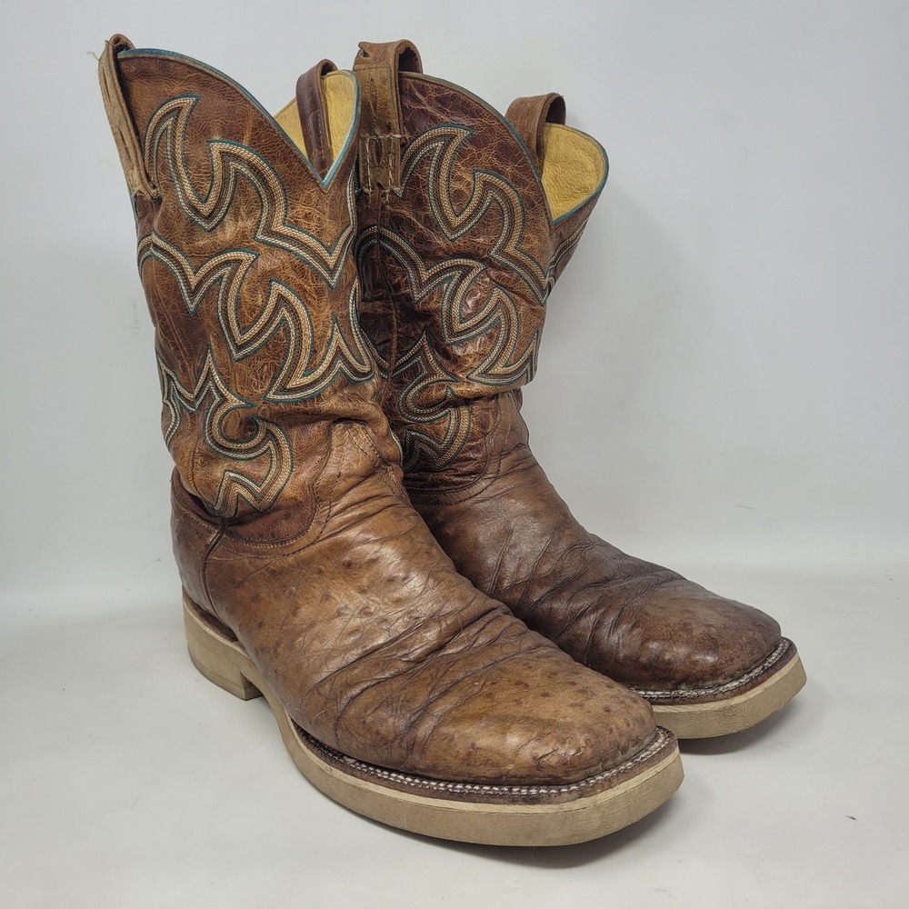 Cavenders Boots 10.5EE Brown Ostrich Leather Embossed Square Toe Western Cowboy